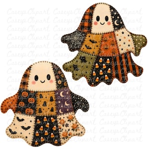 Halloween patchwork ghost PNG bundle with 12 transparent PNG files for sublimation, shirts, mugs, stickers, party decor, scrapbooking, and commercial use.