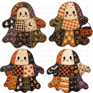 Halloween patchwork ghost PNG bundle with 12 transparent PNG files for sublimation, shirts, mugs, stickers, party decor, scrapbooking, and commercial use.