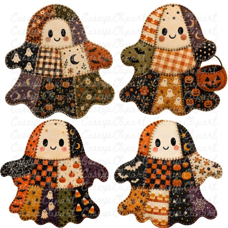 Halloween patchwork ghost PNG bundle with 12 transparent PNG files for sublimation, shirts, mugs, stickers, party decor, scrapbooking, and commercial use.
