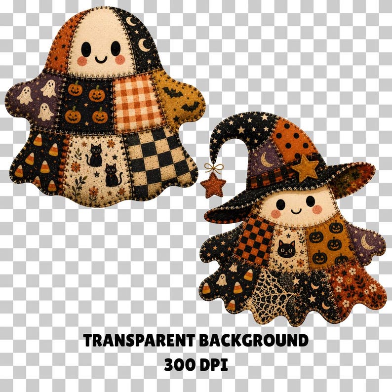 May include: Two Halloween-themed fabric figures. One is a ghost with a patchwork design featuring pumpkins, bats, and black cats. The other is a witch with a star-adorned hat, also with a patchwork design. The text "TRANSPARENT BACKGROUND 300 DPI" is at the bottom.