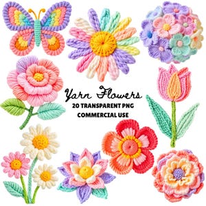 Faux Yarn PNG, Faux Yarn Flowers PNG, Faux Yarn Butterfly PNG, Watercolor Floral Clipart, Watercolor flowers Clipart Transparent