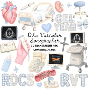 Puede incluir: Una colección de ilustraciones médicas que incluye un corazón humano, cama de hospital, ecógrafo, jeringa, riñón, monitor, botella de gel, calcetines y el texto Echo Vascular Sonographer, 30 TRANSPARENT PNG, COMMERCIAL USE, RDCS, RVT.