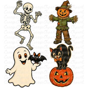 14-piece vintage Halloween clipart bundle featuring retro black cats, bats, skeletons, pumpkins, vampires, ghosts, and spooky characters in bright classic Halloween colors with nostalgic vintage aesthetic, isolated PNG designs.