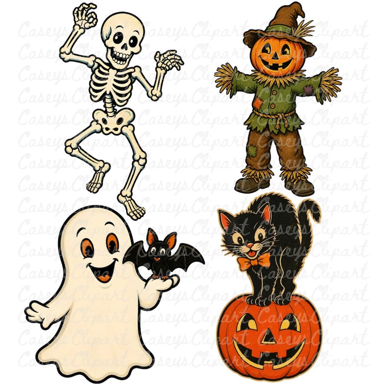 14-piece vintage Halloween clipart bundle featuring retro black cats, bats, skeletons, pumpkins, vampires, ghosts, and spooky characters in bright classic Halloween colors with nostalgic vintage aesthetic, isolated PNG designs.