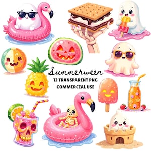 May include: A collection of whimsical illustrations featuring ghosts, a skeleton, and summer-themed items. Includes a ghost in sunglasses on a pink flamingo float, a s'more, a watermelon jack-o'-lantern, and a pineapple jack-o'-lantern. Text reads "Summerween".