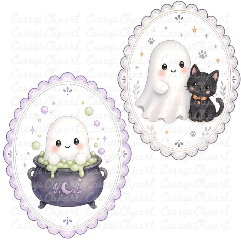 Cute pastel Halloween ghost frame clipart bundle featuring watercolor ghosts with pumpkins, lanterns, bats, moon, candy, and haunted house inside scalloped oval frames on transparent PNG backgrounds.
