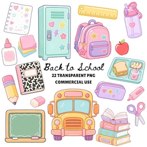 Op de afbeelding: Een verzameling kleurrijke, cartoonachtige schoolspullen en elementen, waaronder een roze rugzak, een gele schoolbus, een groen schoolbord en een notitieboek. De zin "Back to School" staat in het midden van de afbeelding.