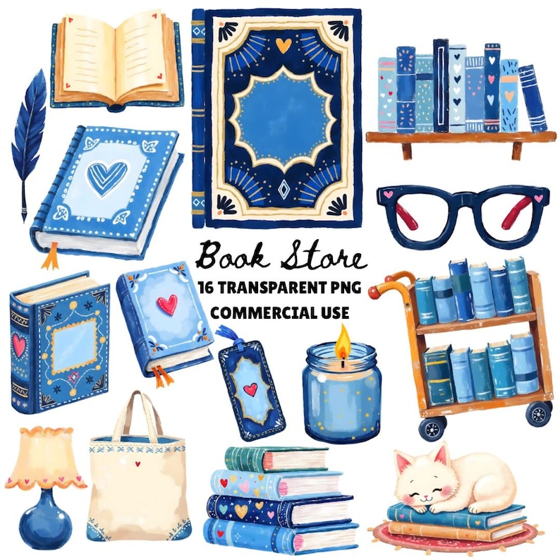 Watercolor bookstore clipart set with blue decorative books, stacked novels, bookshelf, reading glasses, candle, tote bag, bookmark, lamp, and a sleeping cat on books, illustrated in soft blue and cream tones on a white background.