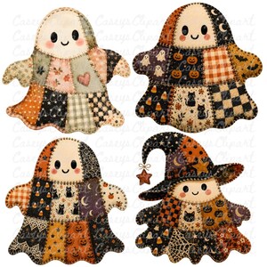Halloween patchwork ghost PNG bundle with 12 transparent PNG files for sublimation, shirts, mugs, stickers, party decor, scrapbooking, and commercial use.