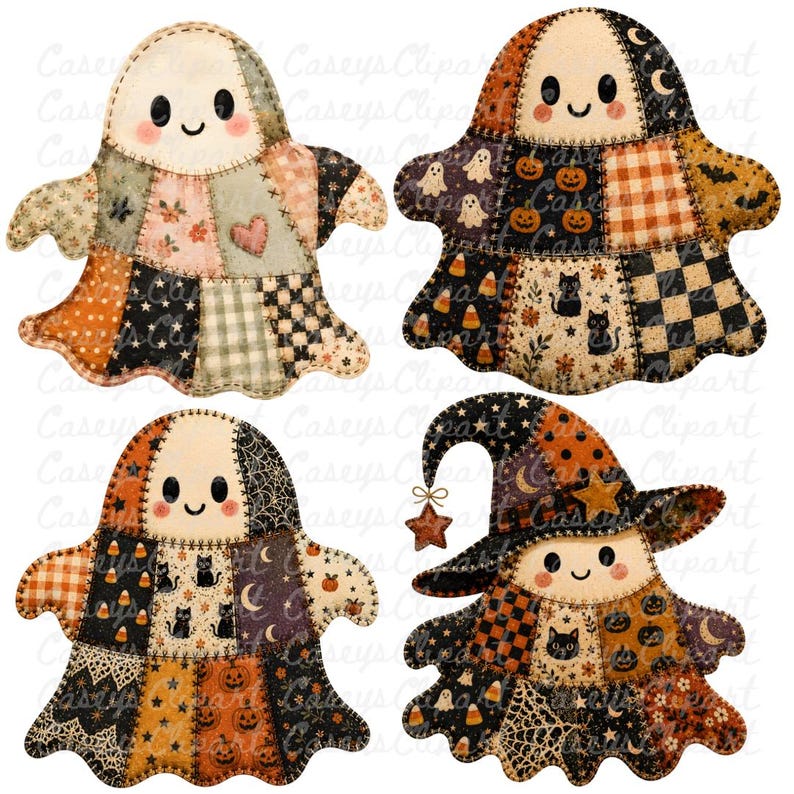 Halloween patchwork ghost PNG bundle with 12 transparent PNG files for sublimation, shirts, mugs, stickers, party decor, scrapbooking, and commercial use.
