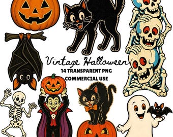 Vintage-Halloween-PNG, Halloween-Katze-PNG, 90er-Jahre-Halloween-PNG, Vampir-PNG, tanzendes Skelett-PNG, Spukhaus-PNG