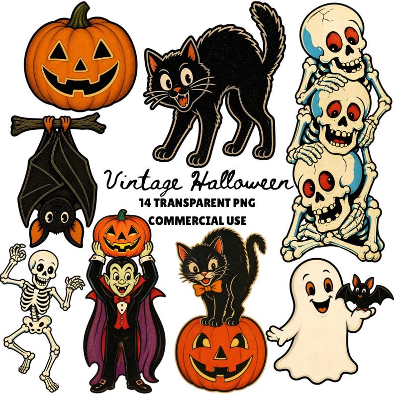 14-piece vintage Halloween clipart bundle featuring retro black cats, bats, skeletons, pumpkins, vampires, ghosts, and spooky characters in bright classic Halloween colors with nostalgic vintage aesthetic, isolated PNG designs.