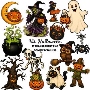 Vintage Halloween PNG, 90s Halloween png, Halloween Cat PNG, Witch PNG, vintage Halloween graphics, Retro Halloween Clipart