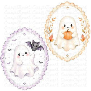 Cute pastel Halloween ghost frame clipart bundle featuring watercolor ghosts with pumpkins, lanterns, bats, moon, candy, and haunted house inside scalloped oval frames on transparent PNG backgrounds.