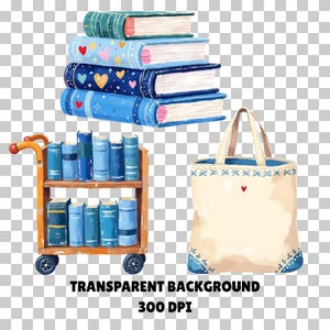 May include: Watercolor illustration of books, a book cart, and a tote bag. The books are blue with decorative covers, some with hearts and stars. The tote bag is cream-colored with a red heart and blue trim. The book cart is wooden.