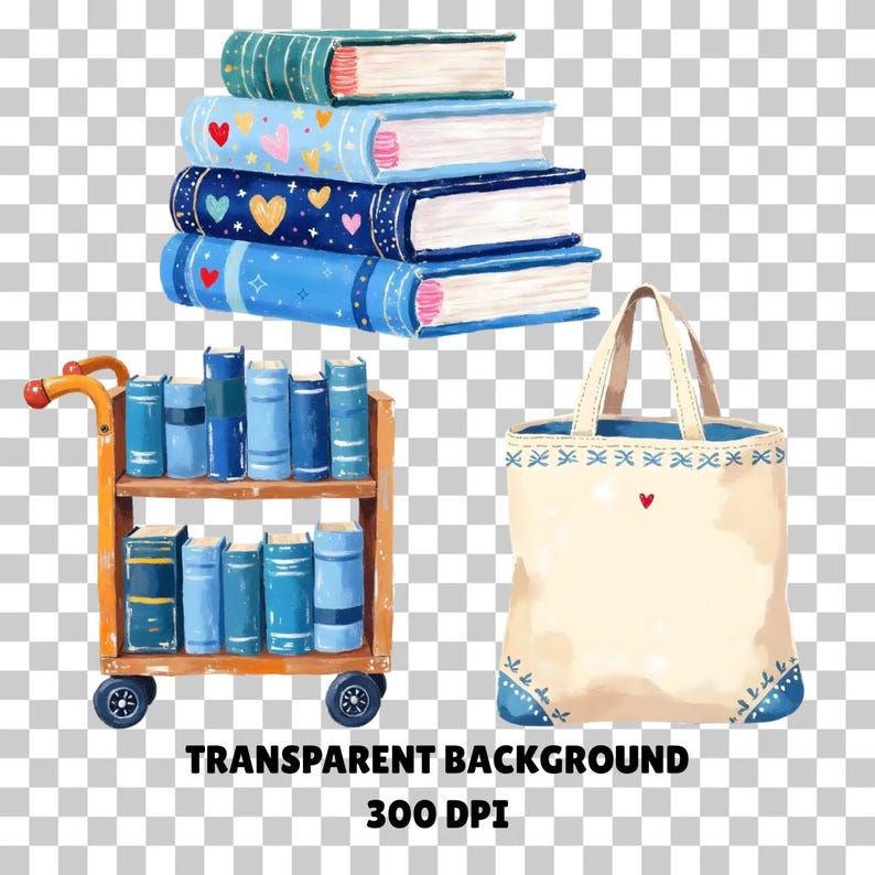 May include: Watercolor illustration of books, a book cart, and a tote bag. The books are blue with decorative covers, some with hearts and stars. The tote bag is cream-colored with a red heart and blue trim. The book cart is wooden.