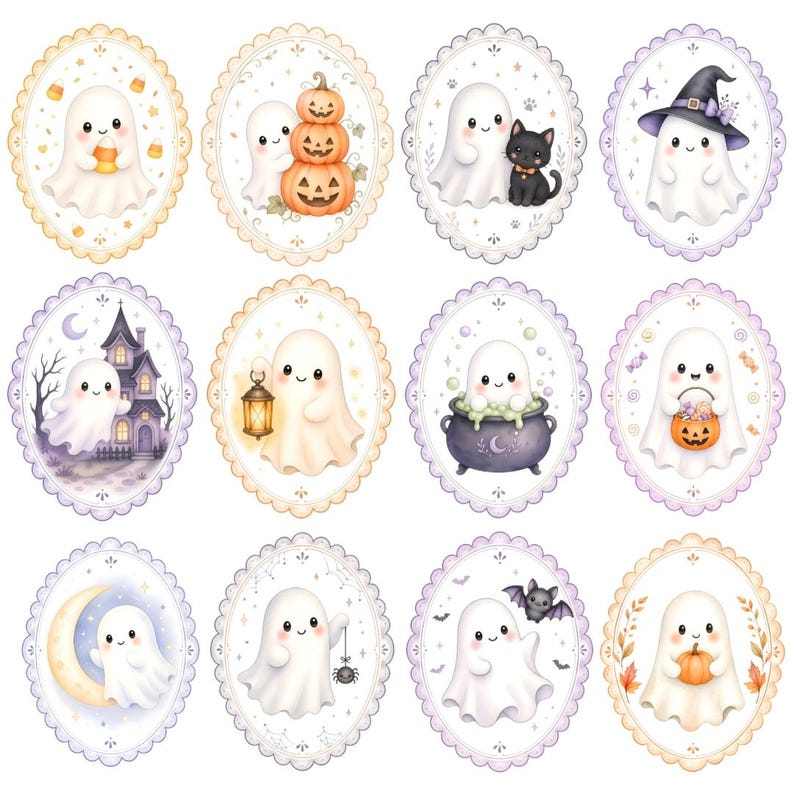 Cute pastel Halloween ghost frame clipart bundle featuring watercolor ghosts with pumpkins, lanterns, bats, moon, candy, and haunted house inside scalloped oval frames on transparent PNG backgrounds.