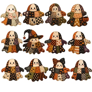 Halloween patchwork ghost PNG bundle with 12 transparent PNG files for sublimation, shirts, mugs, stickers, party decor, scrapbooking, and commercial use.