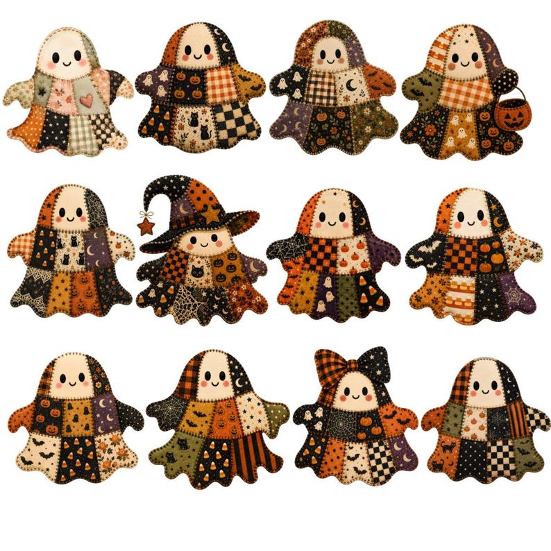 Halloween patchwork ghost PNG bundle with 12 transparent PNG files for sublimation, shirts, mugs, stickers, party decor, scrapbooking, and commercial use.
