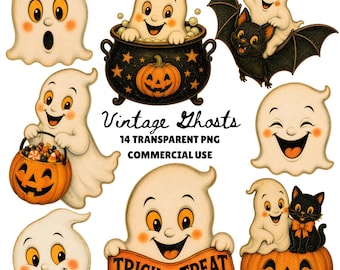 Weinlese-Geist Halloween PNG, Halloween-Geister png, niedlicher Geist Clipart, Weinlese-Halloween-Grafik, Retro-Halloween-Geist Clipart
