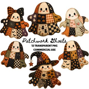 May include: A collection of six patchwork ghost designs in various colors, including orange, black, and cream. Each ghost has a unique patchwork pattern and a smiling face. The text "Patchwork Ghosts" and other details are also visible.