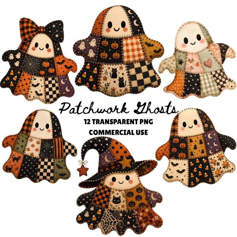 Halloween patchwork ghost PNG bundle with 12 transparent PNG files for sublimation, shirts, mugs, stickers, party decor, scrapbooking, and commercial use.