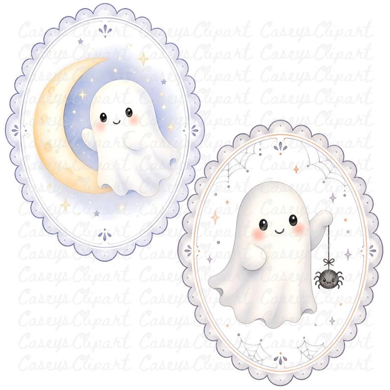 Cute pastel Halloween ghost frame clipart bundle featuring watercolor ghosts with pumpkins, lanterns, bats, moon, candy, and haunted house inside scalloped oval frames on transparent PNG backgrounds.