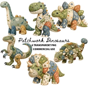 Op de afbeelding: Zes kleurrijke patchwork dinosaurus pluche speelgoed in verschillende vormen en maten. De dinosaurussen zijn gemaakt van stof met verschillende patronen en kleuren, waaronder groen, blauw en oranje. Tekst op de afbeelding luidt "Patchwork Dinosaurs" en "6 Transparent PNG Commercial Use."