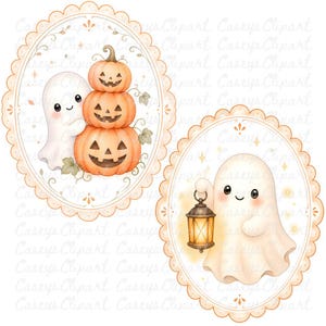 Cute pastel Halloween ghost frame clipart bundle featuring watercolor ghosts with pumpkins, lanterns, bats, moon, candy, and haunted house inside scalloped oval frames on transparent PNG backgrounds.