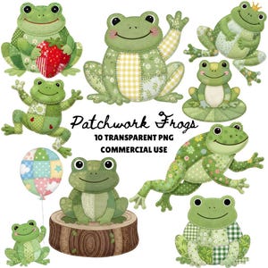 May include: A collection of ten green patchwork frog illustrations in various poses. Some frogs hold a strawberry or sit on a log. The text "Patchwork Frogs" and "10 Transparent PNG Commercial Use" is also included.