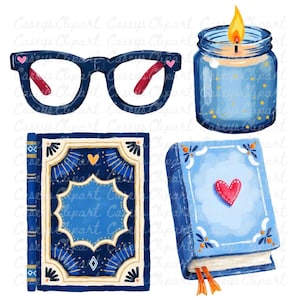 Watercolor bookstore clipart set with blue decorative books, stacked novels, bookshelf, reading glasses, candle, tote bag, bookmark, lamp, and a sleeping cat on books, illustrated in soft blue and cream tones on a white background.