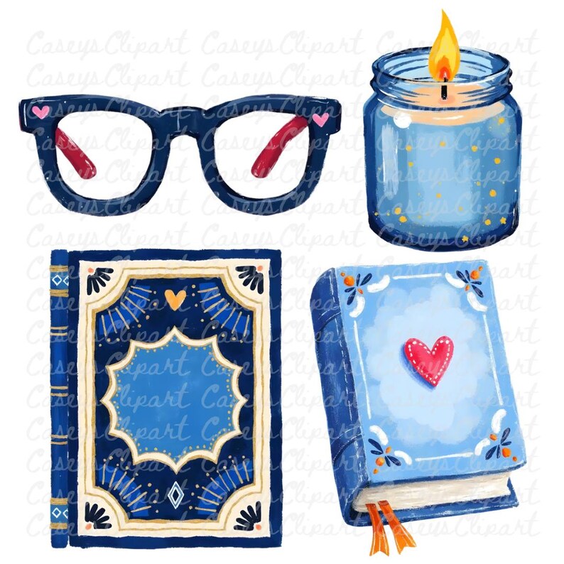 Watercolor bookstore clipart set with blue decorative books, stacked novels, bookshelf, reading glasses, candle, tote bag, bookmark, lamp, and a sleeping cat on books, illustrated in soft blue and cream tones on a white background.