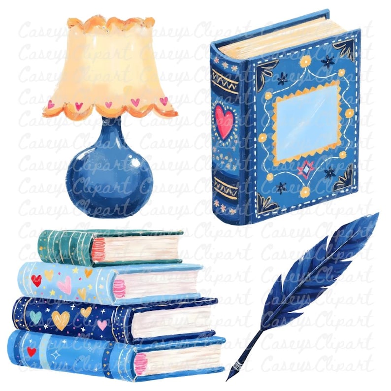 Watercolor bookstore clipart set with blue decorative books, stacked novels, bookshelf, reading glasses, candle, tote bag, bookmark, lamp, and a sleeping cat on books, illustrated in soft blue and cream tones on a white background.