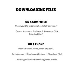 K&ouml;nnte beinhalten: Wei&szlig;er Grafik mit schwarzem Text, der "DATEIEN HERUNTERLADEN" anzeigt. Anweisungen zum Herunterladen von Dateien auf einem Computer und Telefon, einschlie&szlig;lich der Schritte zum Zugriff auf den Download &uuml;ber ein Etsy-Konto.