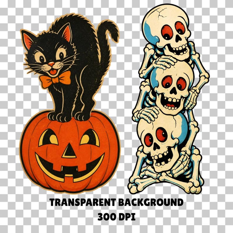 14-piece vintage Halloween clipart bundle featuring retro black cats, bats, skeletons, pumpkins, vampires, ghosts, and spooky characters in bright classic Halloween colors with nostalgic vintage aesthetic, isolated PNG designs.