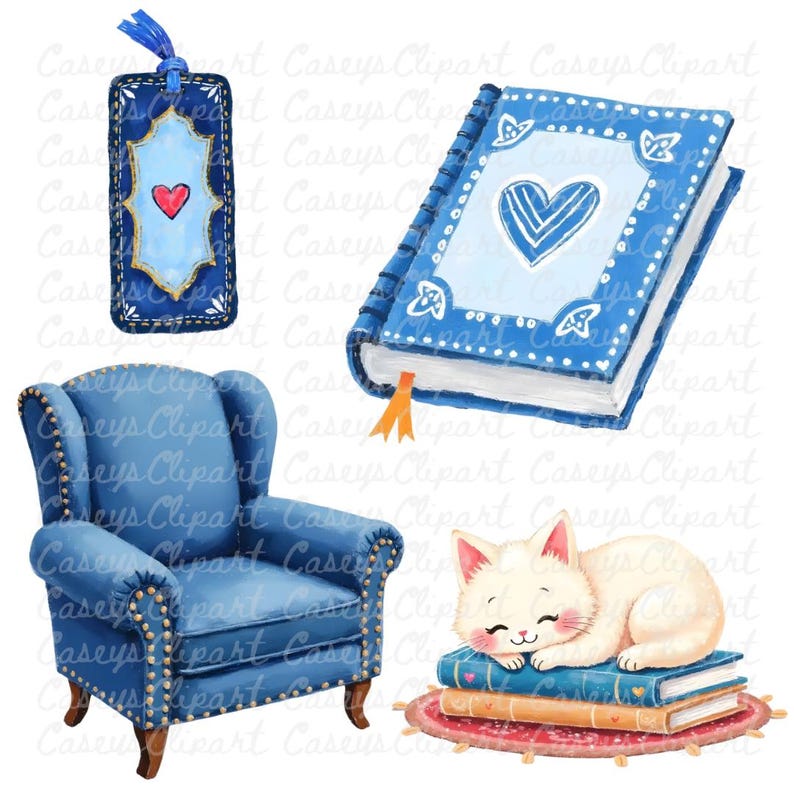 Watercolor bookstore clipart set with blue decorative books, stacked novels, bookshelf, reading glasses, candle, tote bag, bookmark, lamp, and a sleeping cat on books, illustrated in soft blue and cream tones on a white background.