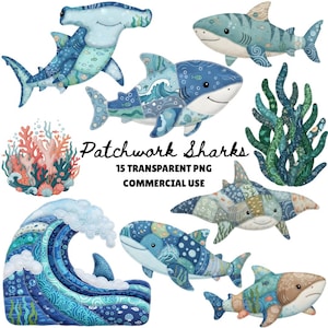 Puede incluir: Una colección de tiburones patchwork en varios tonos de azul, verde y marrón. La imagen incluye un tiburón martillo, una ola, coral y algas marinas. También está presente el texto "Patchwork Sharks" y "15 Transparent PNG Commercial Use".
