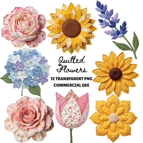Floral Faux Patchwork PNG, Single Flower Clipart, Faux Embroidery Flowers Clipart, Grandmacore