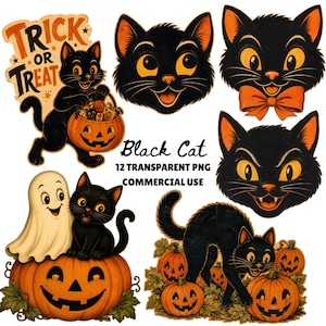 Black Cat PNG Bundle, Halloween Cat PNG, Black Cat Clipart, Vintage Halloween PNG, 90s Halloween png, Autumn cat png