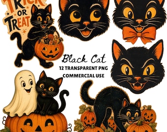 Schwarze Katze PNG Bundle, Halloween Katze PNG, schwarze Katze Clipart, Vintage Halloween PNG, 90er Jahre Halloween PNG, Herbst Katze PNG