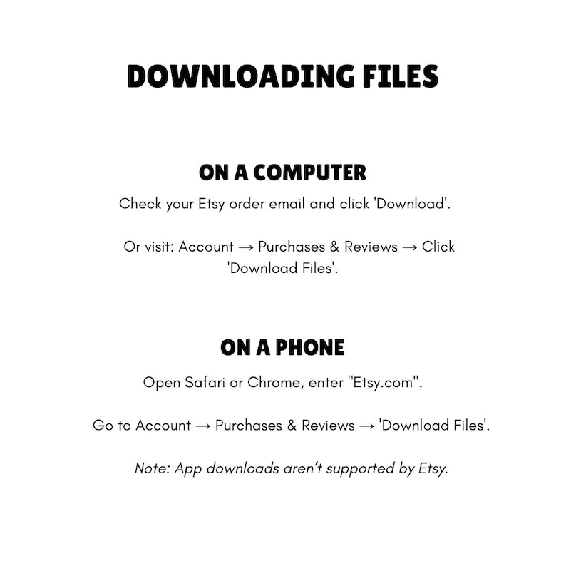 May include: A white graphic with black text detailing how to download files from Etsy. Instructions are given for both computer and phone, including visiting Etsy.com and navigating to the 'Download Files' section.