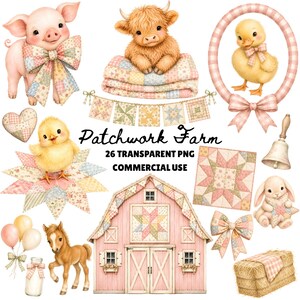 Patchwork Watercolor Farm Clipart Bundle, Pink Barnyard Clipart, Western Patchwork PNG, Animals Nursery Art, Farm Animals Clipart