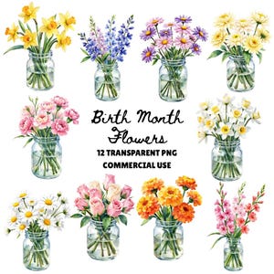 Birth Flower PNG Bundle, Birth Flower Clipart, Family Birth Flower Bouquet Wildflower Clipart, Daisy Clipart, June Birth Flower