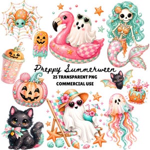 May include: A collection of watercolor illustrations featuring a spider, popsicle, drink, pumpkin, cat, flamingo float, ghost, mermaid, bat, and jellyfish. The text reads "Preppy Summerween" and "25 Transparent PNG Commercial Use".