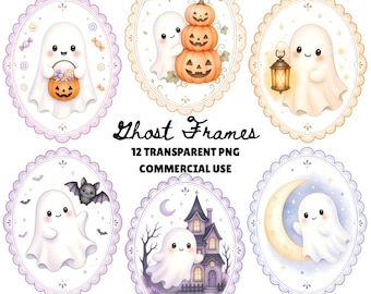 Cute Lace Ghost PNG, Pink Ghost PNG, Preppy Ghost PNG, Ghost in Frames Clipart, Cute Ghost Clipart, Watercolor Ghosts