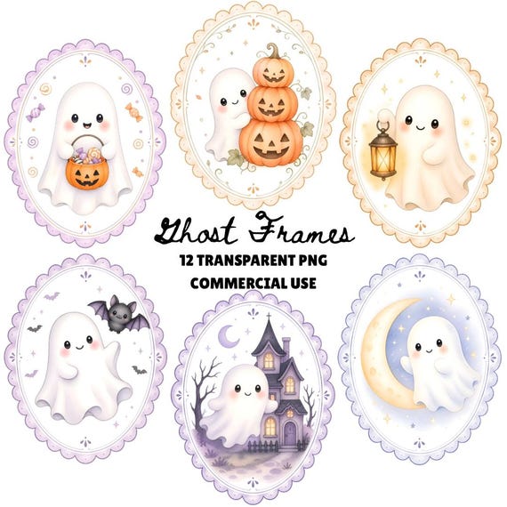 Cute Lace Ghost PNG, Pink Ghost PNG, Preppy Ghost PNG, Ghost in Frames Clipart, Cute Ghost Clipart, Watercolor Ghosts
