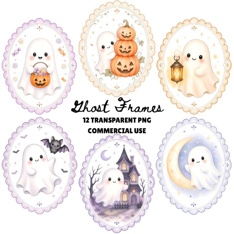Cute pastel Halloween ghost frame clipart bundle featuring watercolor ghosts with pumpkins, lanterns, bats, moon, candy, and haunted house inside scalloped oval frames on transparent PNG backgrounds.