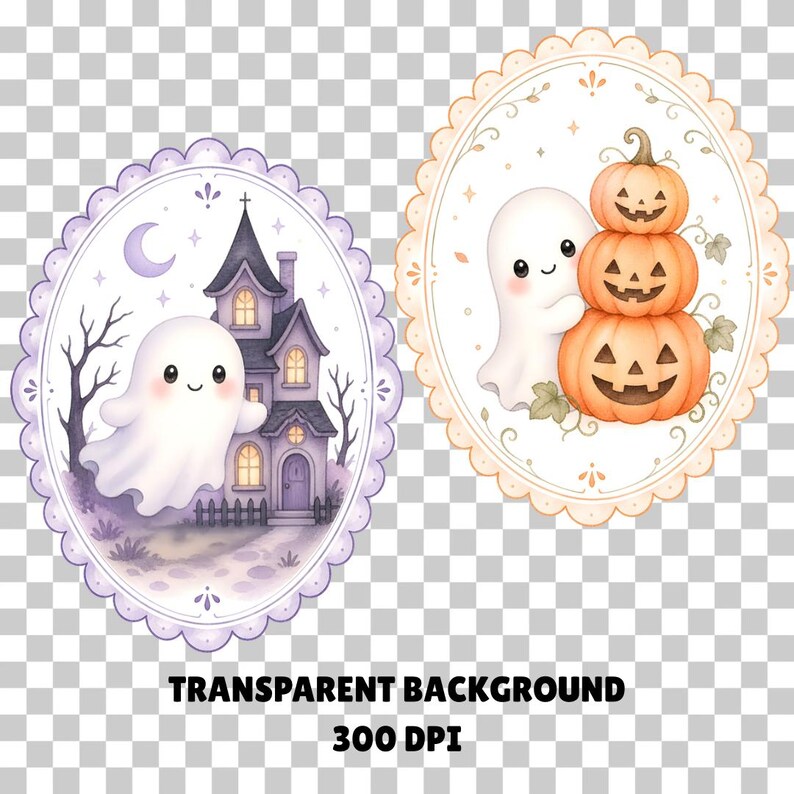 K&ouml;nnte beinhalten: Zwei ovale Illustrationen zum Thema Halloween. Eine zeigt einen freundlichen Geist in der N&auml;he eines Spukhauses unter einem Halbmond. Die andere zeigt einen Geist mit einem Stapel geschnitzter K&uuml;rbisse. Der Text "TRANSPARENT BACKGROUND 300 DPI" steht unten.