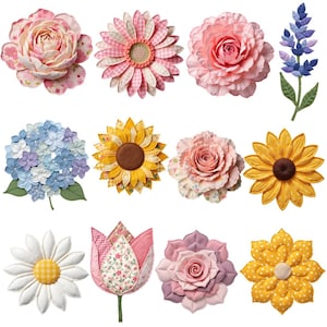 a bundle of twelve individual patchwork single flower clipart designs featuring faux quilted fabric textures and stitched details. Each flower has layered petals in soft patterned fabrics such as florals, gingham, stripes, and polka dots, creating a handmade heirloom look. The flowers are shown as separate high-resolution PNG graphics with transparent backgrounds, styled in cozy cottagecore colors like pink, blue, cream, sage green, and warm neutrals.