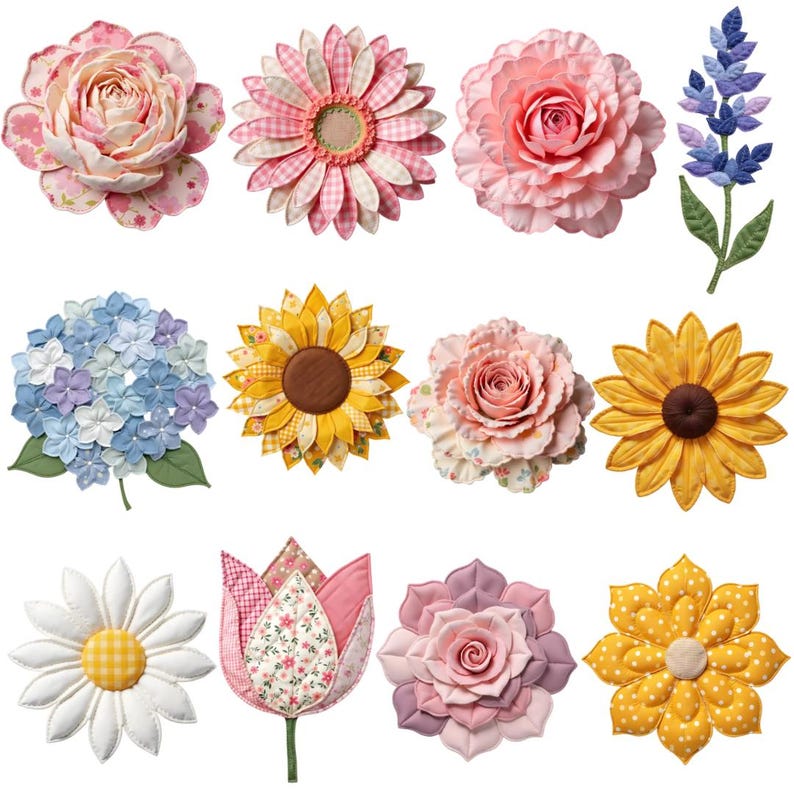 a bundle of twelve individual patchwork single flower clipart designs featuring faux quilted fabric textures and stitched details. Each flower has layered petals in soft patterned fabrics such as florals, gingham, stripes, and polka dots, creating a handmade heirloom look. The flowers are shown as separate high-resolution PNG graphics with transparent backgrounds, styled in cozy cottagecore colors like pink, blue, cream, sage green, and warm neutrals.